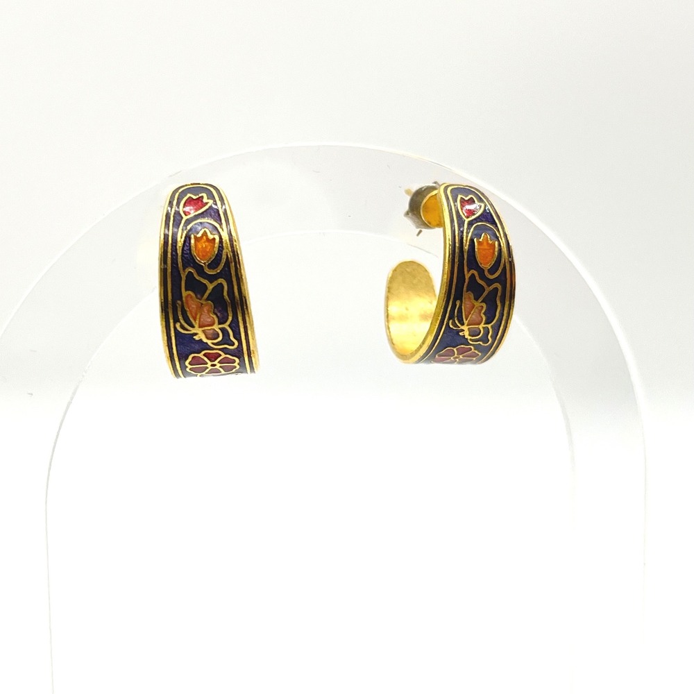 Vintage Cloisonne Enamel Floral Butterfly Hoop Earrings Gold Tone Navy Blue - Picture 6 of 8